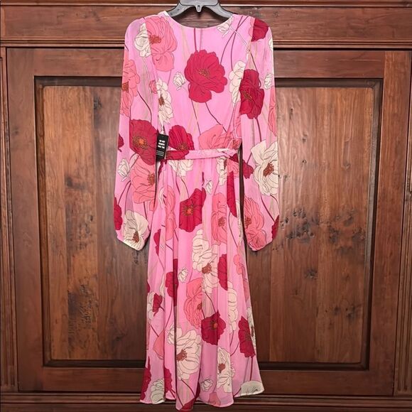 NWT Express Pink Floral Faux Wrap Tie Waist Midi Dress Size S - Picture 8 of 10